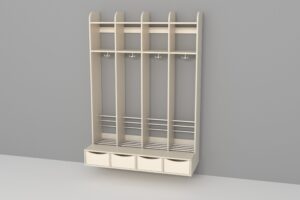 Troldegarderobe, 4 sektioner med bænk og skuffer.