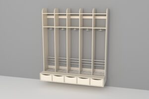 Troldegarderobe - 5 sektioner med bænk og skuffer